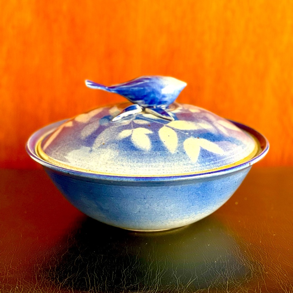 Handmade Pottery Covered Bowl - Bird on top